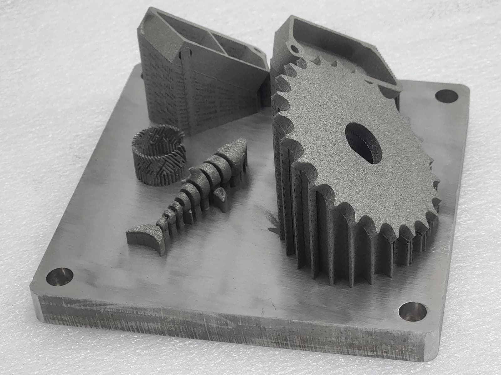 A gear with a central opening, a worm and small housing parts on a square build plate with mounting holes.